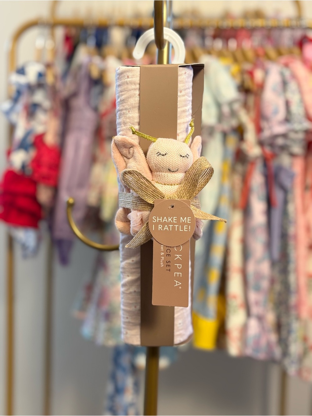 chick pea Pink Plush Bib with Bee Rattle